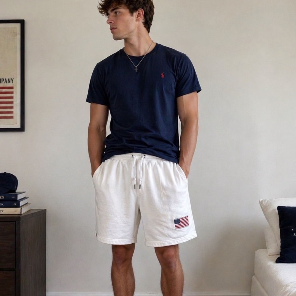 The North Face Sweat Shorts Mens M White USA Flag Travel Drawstring Athleisure